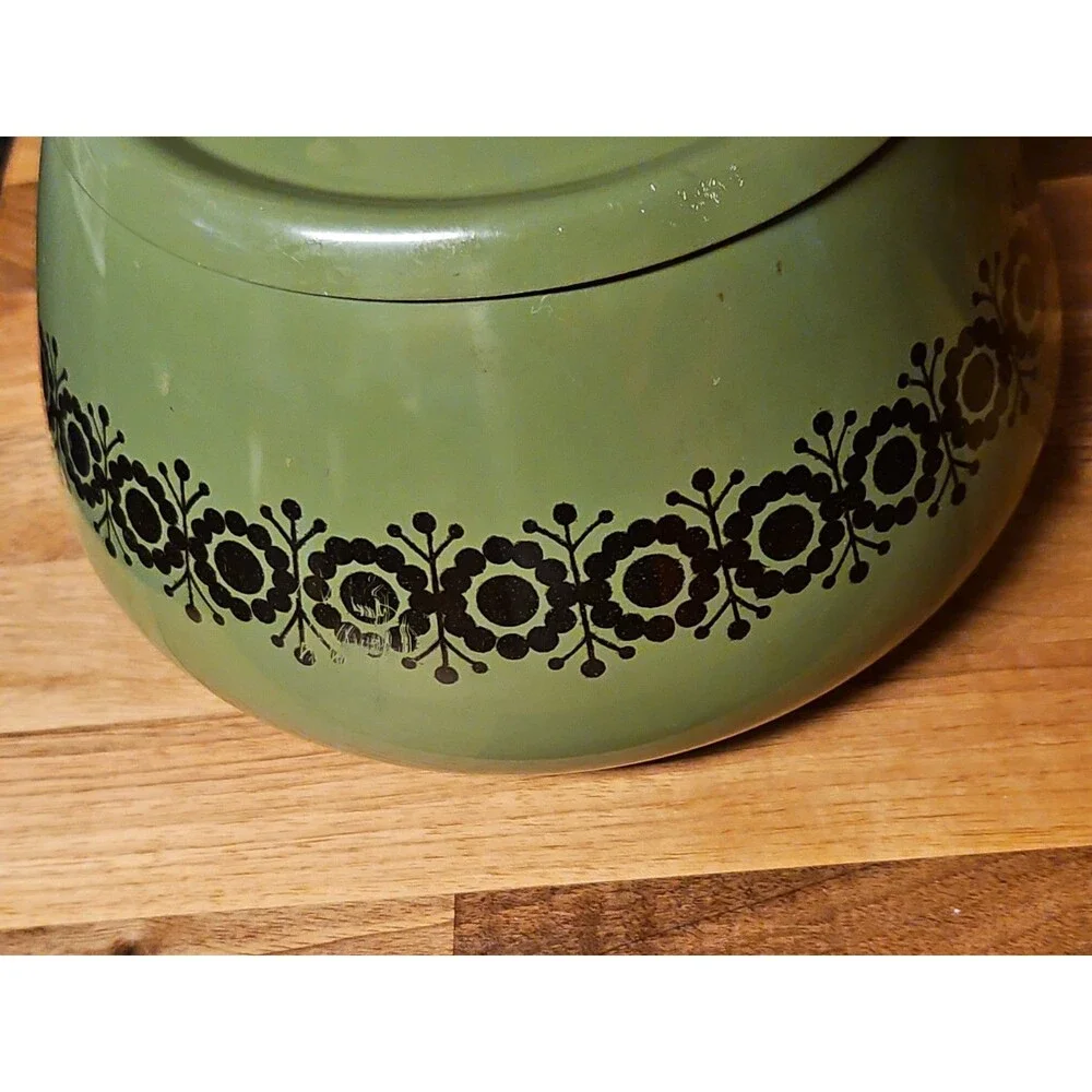 Vintage Green Enamel Fondue Pot Saucepan Floral MCM Boho Wood Handle 1970s